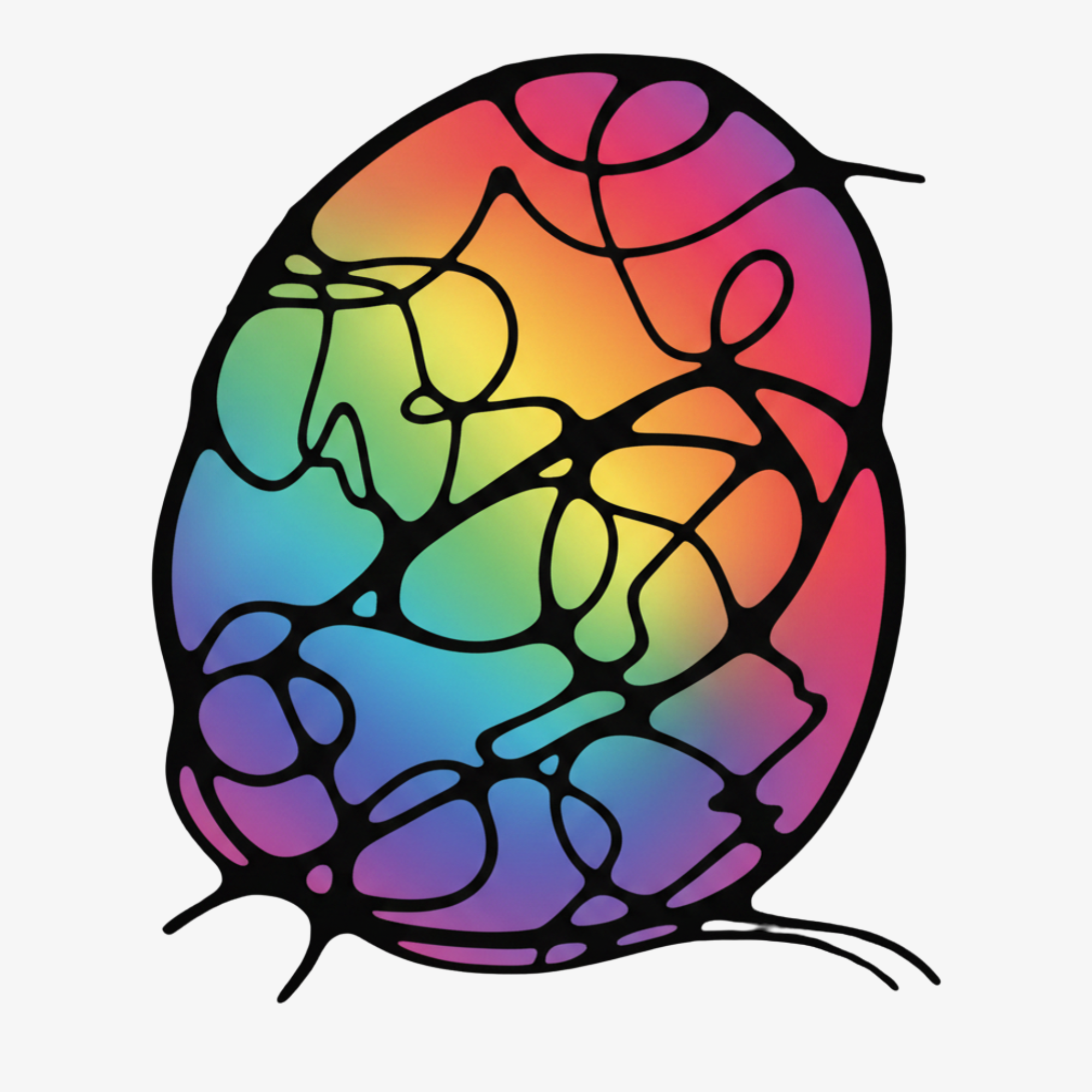 A neurographic art piece that looks like an abstract image of a brain, with a rainbow of colours within.